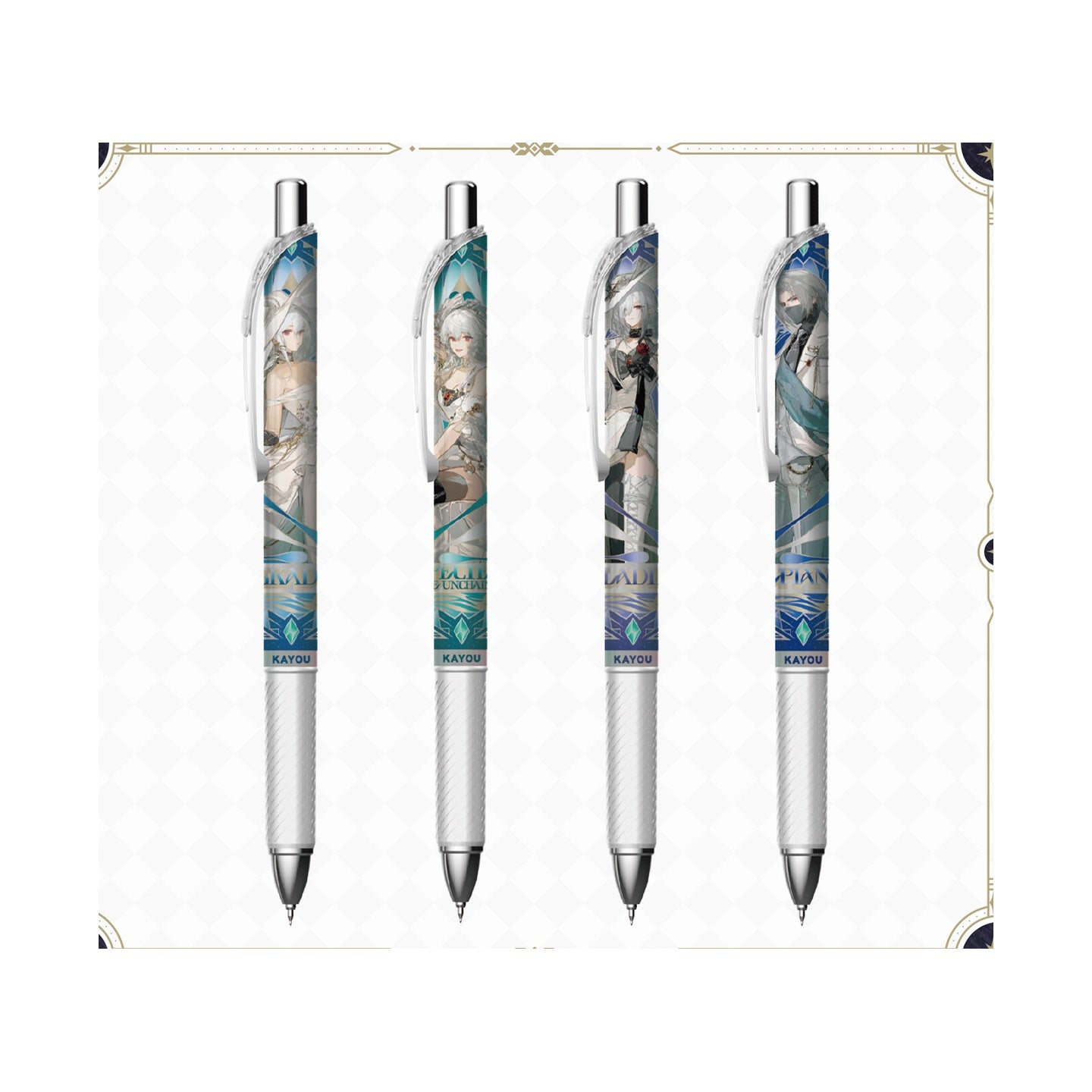 KAYOU x Arknights Luminescent Serenade Gel Pen Blind Box blue and silver designs detail photo