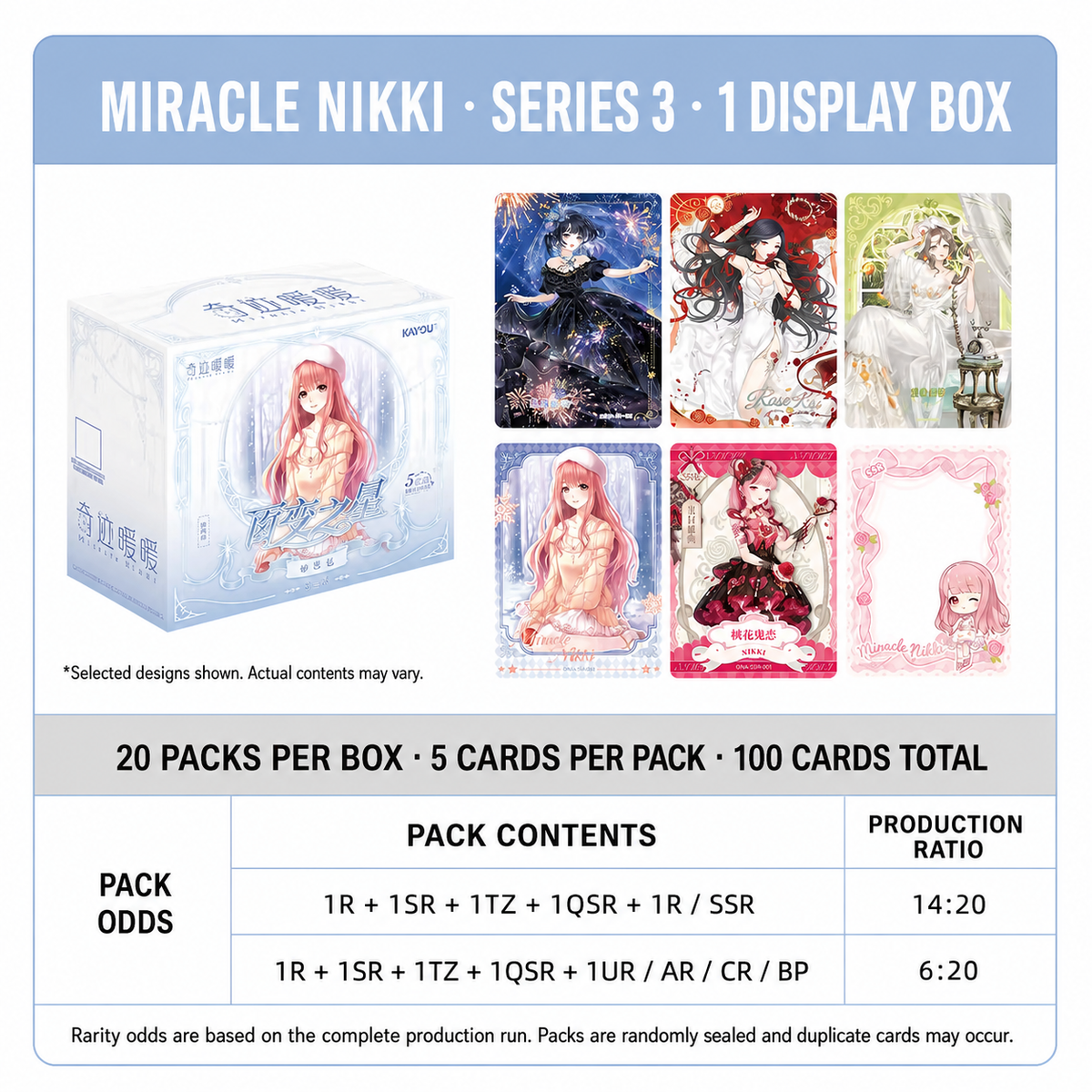 English outer labels for KAYOU Miracle Nikki Miaosi Series 3 box with original product and card text preserved
